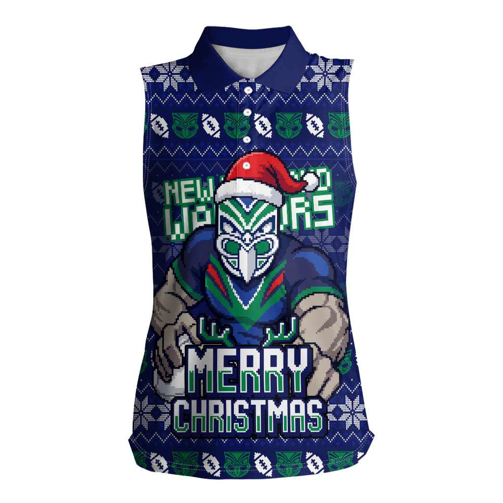 Personalized New Zealand Warriors Christmas Women Sleeveless Polo Shirt Maori Rugby Fans - Pixelated Ugly Xmas Pattern Mascot Santa