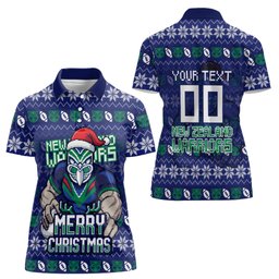 Personalized New Zealand Warriors Christmas Women Polo Shirt Maori Rugby Fans - Pixelated Ugly Xmas Pattern Mascot Santa