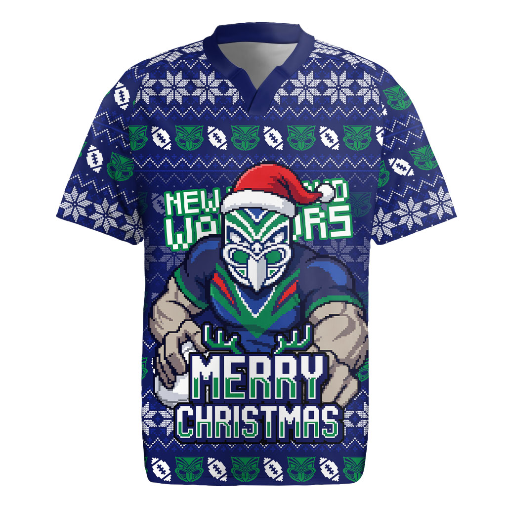 Personalized New Zealand Warriors Christmas Rugby Jersey Maori Rugby Fans - Pixelated Ugly Xmas Pattern Mascot Santa