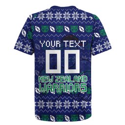 Personalized New Zealand Warriors Christmas Rugby Jersey Maori Rugby Fans - Pixelated Ugly Xmas Pattern Mascot Santa