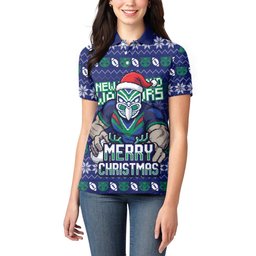 Personalized New Zealand Warriors Christmas Women Polo Shirt Maori Rugby Fans - Pixelated Ugly Xmas Pattern Mascot Santa