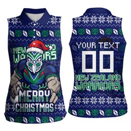 Personalized New Zealand Warriors Christmas Women Sleeveless Polo Shirt Maori Rugby Fans - Pixelated Ugly Xmas Pattern Mascot Santa