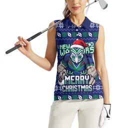 Personalized New Zealand Warriors Christmas Women Sleeveless Polo Shirt Maori Rugby Fans - Pixelated Ugly Xmas Pattern Mascot Santa