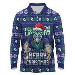 Personalized New Zealand Warriors Christmas Long Sleeve Polo Shirt Maori Rugby Fans - Pixelated Ugly Xmas Pattern Mascot Santa
