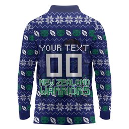 Personalized New Zealand Warriors Christmas Long Sleeve Polo Shirt Maori Rugby Fans - Pixelated Ugly Xmas Pattern Mascot Santa