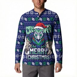 Personalized New Zealand Warriors Christmas Button Sweatshirt Maori Rugby Fans - Pixelated Ugly Xmas Pattern Mascot Santa