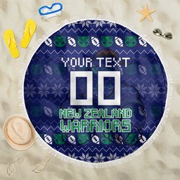 Personalized New Zealand Warriors Christmas Beach Blanket Maori Rugby Fans - Pixelated Ugly Xmas Pattern Mascot Santa
