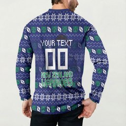 Personalized New Zealand Warriors Christmas Button Sweatshirt Maori Rugby Fans - Pixelated Ugly Xmas Pattern Mascot Santa