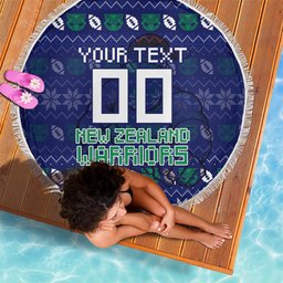 Personalized New Zealand Warriors Christmas Beach Blanket Maori Rugby Fans - Pixelated Ugly Xmas Pattern Mascot Santa