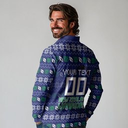 Personalized New Zealand Warriors Christmas Long Sleeve Polo Shirt Maori Rugby Fans - Pixelated Ugly Xmas Pattern Mascot Santa