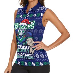 Personalized New Zealand Warriors Christmas Women Sleeveless Polo Shirt Maori Rugby Fans - Pixelated Ugly Xmas Pattern Mascot Santa