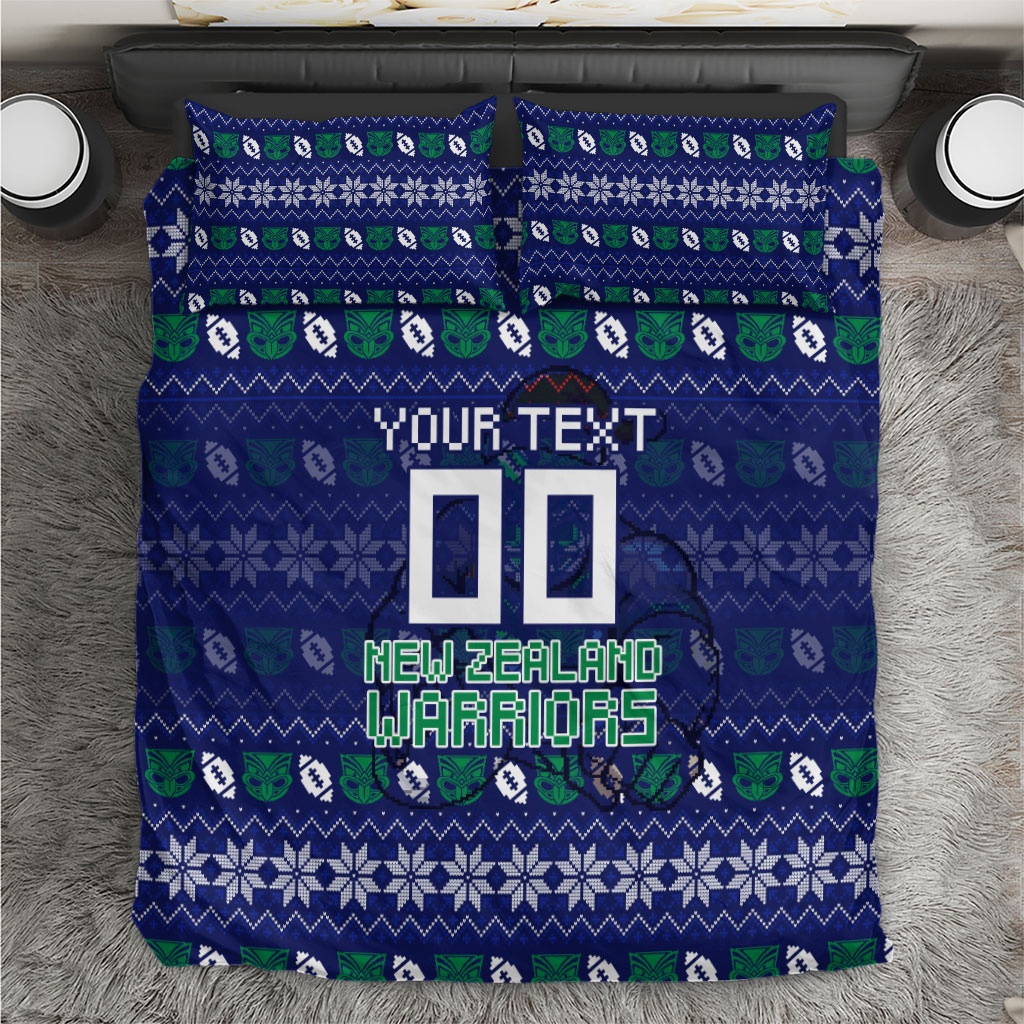Personalized New Zealand Warriors Christmas Bedding Set Maori Rugby Fans - Pixelated Ugly Xmas Pattern Mascot Santa