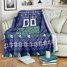 Personalized New Zealand Warriors Christmas Blanket Maori Rugby Fans - Pixelated Ugly Xmas Pattern Mascot Santa