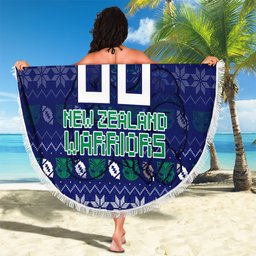Personalized New Zealand Warriors Christmas Beach Blanket Maori Rugby Fans - Pixelated Ugly Xmas Pattern Mascot Santa