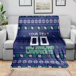 Personalized New Zealand Warriors Christmas Blanket Maori Rugby Fans - Pixelated Ugly Xmas Pattern Mascot Santa