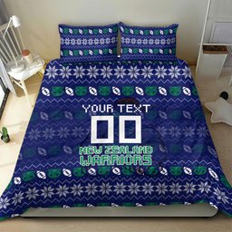 Personalized New Zealand Warriors Christmas Bedding Set Maori Rugby Fans - Pixelated Ugly Xmas Pattern Mascot Santa