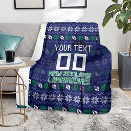 Personalized New Zealand Warriors Christmas Blanket Maori Rugby Fans - Pixelated Ugly Xmas Pattern Mascot Santa