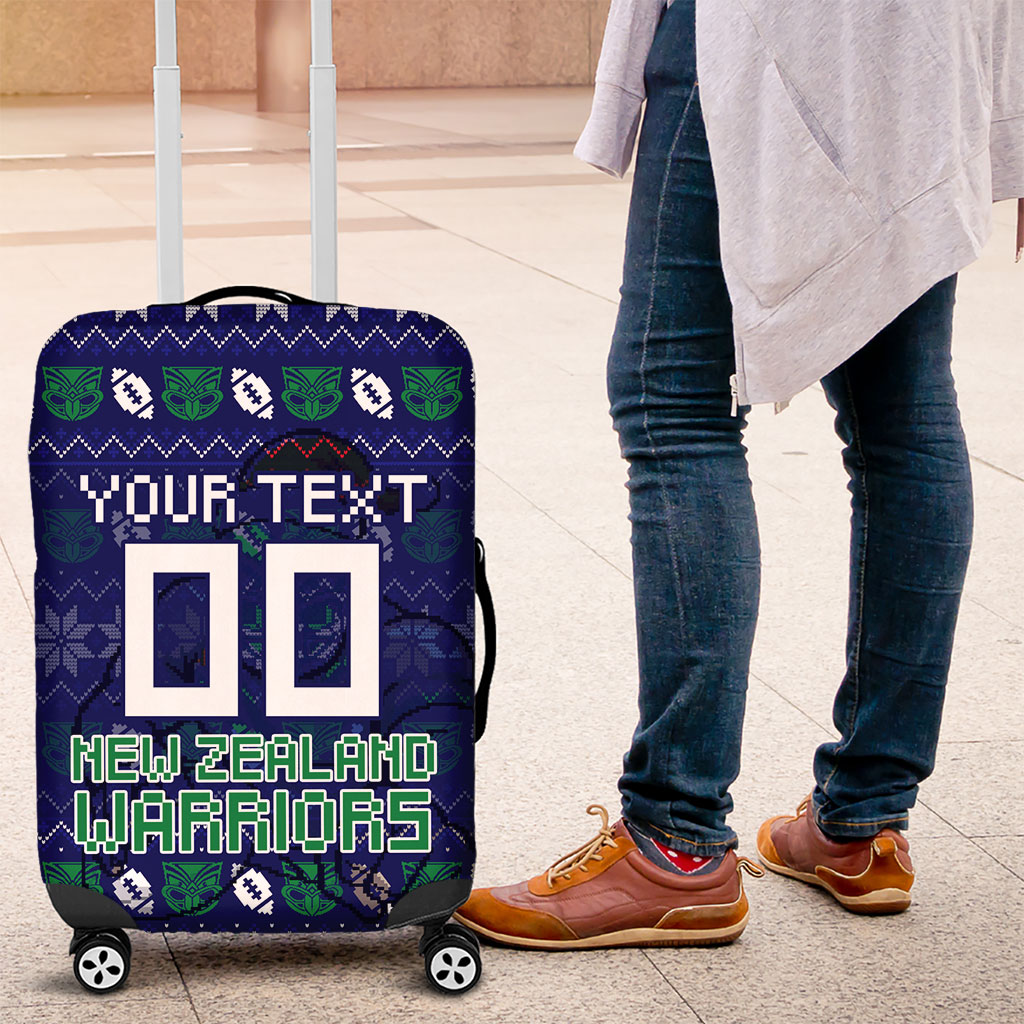 Personalized New Zealand Warriors Christmas Luggage Cover Maori Rugby Fans - Pixelated Ugly Xmas Pattern Mascot Santa
