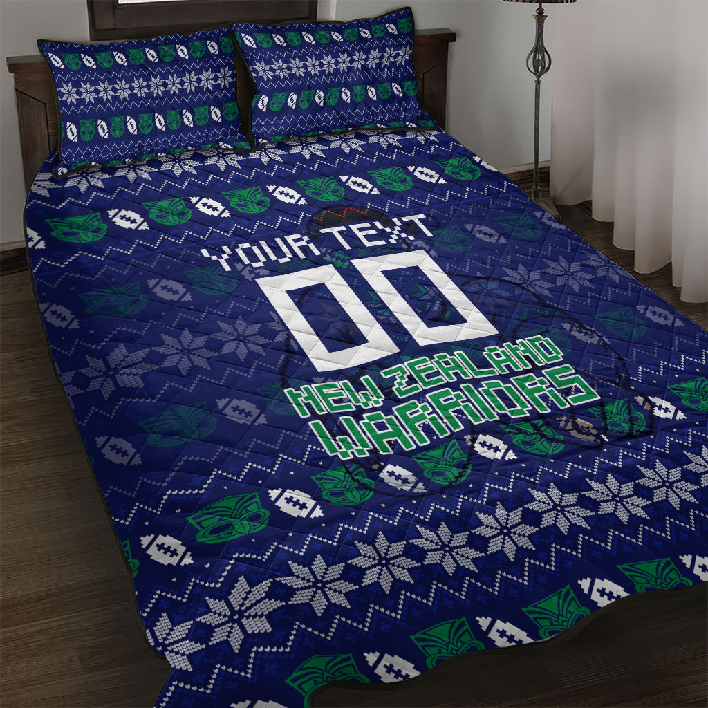 Personalized New Zealand Warriors Christmas Quilt Bed Set Maori Rugby Fans - Pixelated Ugly Xmas Pattern Mascot Santa