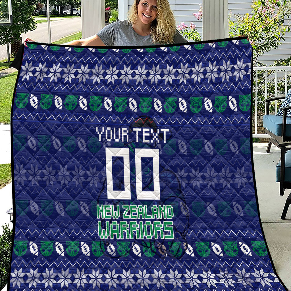 Personalized New Zealand Warriors Christmas Quilt Maori Rugby Fans - Pixelated Ugly Xmas Pattern Mascot Santa