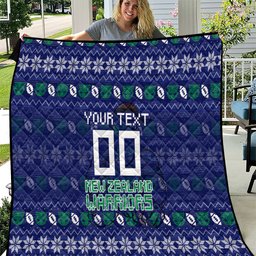 Personalized New Zealand Warriors Christmas Quilt Maori Rugby Fans - Pixelated Ugly Xmas Pattern Mascot Santa