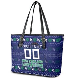 Personalized New Zealand Warriors Christmas Leather Tote Bag Maori Rugby Fans - Pixelated Ugly Xmas Pattern Mascot Santa