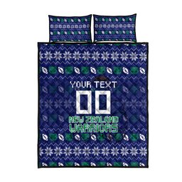 Personalized New Zealand Warriors Christmas Quilt Bed Set Maori Rugby Fans - Pixelated Ugly Xmas Pattern Mascot Santa