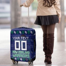 Personalized New Zealand Warriors Christmas Luggage Cover Maori Rugby Fans - Pixelated Ugly Xmas Pattern Mascot Santa
