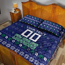 Personalized New Zealand Warriors Christmas Quilt Bed Set Maori Rugby Fans - Pixelated Ugly Xmas Pattern Mascot Santa