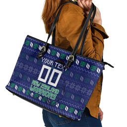 Personalized New Zealand Warriors Christmas Leather Tote Bag Maori Rugby Fans - Pixelated Ugly Xmas Pattern Mascot Santa