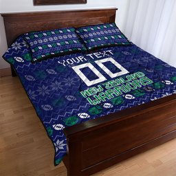 Personalized New Zealand Warriors Christmas Quilt Bed Set Maori Rugby Fans - Pixelated Ugly Xmas Pattern Mascot Santa