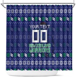 Personalized New Zealand Warriors Christmas Shower Curtain Maori Rugby Fans - Pixelated Ugly Xmas Pattern Mascot Santa