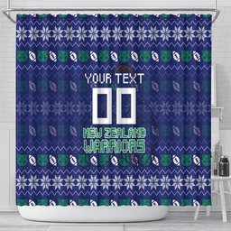 Personalized New Zealand Warriors Christmas Shower Curtain Maori Rugby Fans - Pixelated Ugly Xmas Pattern Mascot Santa