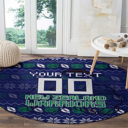 Personalized New Zealand Warriors Christmas Round Carpet Maori Rugby Fans - Pixelated Ugly Xmas Pattern Mascot Santa