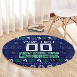 Personalized New Zealand Warriors Christmas Round Carpet Maori Rugby Fans - Pixelated Ugly Xmas Pattern Mascot Santa