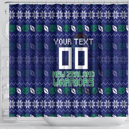 Personalized New Zealand Warriors Christmas Shower Curtain Maori Rugby Fans - Pixelated Ugly Xmas Pattern Mascot Santa
