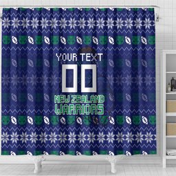 Personalized New Zealand Warriors Christmas Shower Curtain Maori Rugby Fans - Pixelated Ugly Xmas Pattern Mascot Santa