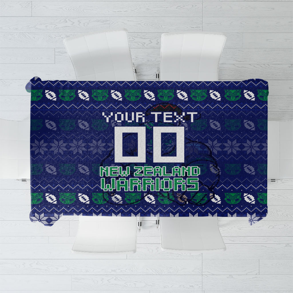 Personalized New Zealand Warriors Christmas Tablecloth Maori Rugby Fans - Pixelated Ugly Xmas Pattern Mascot Santa
