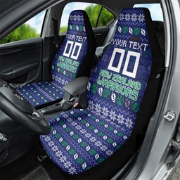 Personalized New Zealand Warriors Christmas Car Seat Cover Maori Rugby Fans - Pixelated Ugly Xmas Pattern Mascot Santa