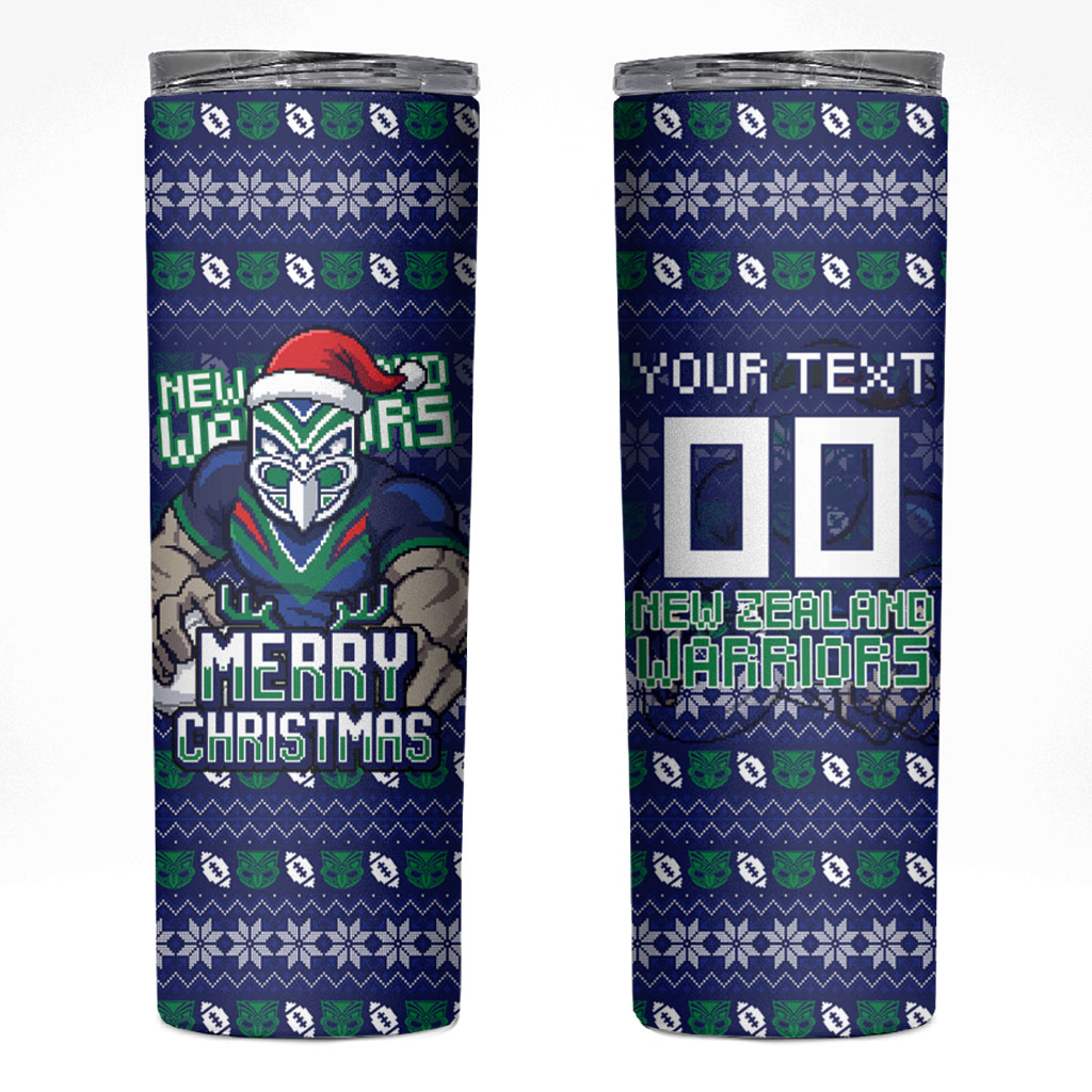 Personalized New Zealand Warriors Christmas Skinny Tumbler Maori Rugby Fans - Pixelated Ugly Xmas Pattern Mascot Santa