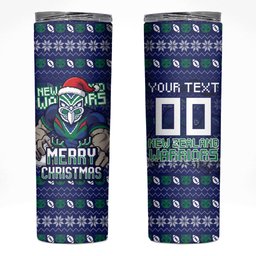 Personalized New Zealand Warriors Christmas Skinny Tumbler Maori Rugby Fans - Pixelated Ugly Xmas Pattern Mascot Santa
