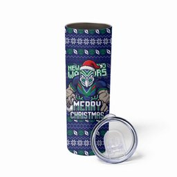 Personalized New Zealand Warriors Christmas Skinny Tumbler Maori Rugby Fans - Pixelated Ugly Xmas Pattern Mascot Santa