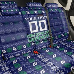 Personalized New Zealand Warriors Christmas Back Car Seat Cover Maori Rugby Fans - Pixelated Ugly Xmas Pattern Mascot Santa