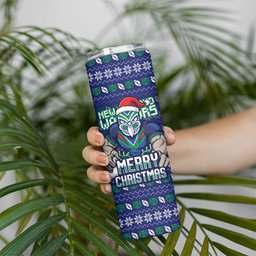 Personalized New Zealand Warriors Christmas Skinny Tumbler Maori Rugby Fans - Pixelated Ugly Xmas Pattern Mascot Santa