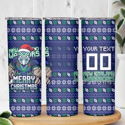 Personalized New Zealand Warriors Christmas Skinny Tumbler Maori Rugby Fans - Pixelated Ugly Xmas Pattern Mascot Santa