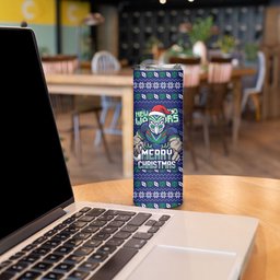 Personalized New Zealand Warriors Christmas Skinny Tumbler Maori Rugby Fans - Pixelated Ugly Xmas Pattern Mascot Santa