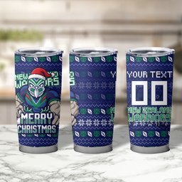 Personalized New Zealand Warriors Christmas Tumbler Cup Maori Rugby Fans - Pixelated Ugly Xmas Pattern Mascot Santa