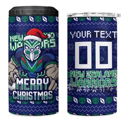 Personalized New Zealand Warriors Christmas 4 in 1 Can Cooler Tumbler Maori Rugby Fans - Pixelated Ugly Xmas Pattern Mascot Santa