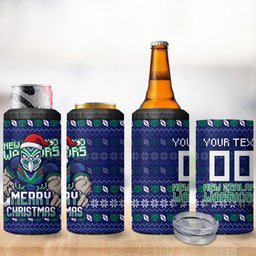Personalized New Zealand Warriors Christmas 4 in 1 Can Cooler Tumbler Maori Rugby Fans - Pixelated Ugly Xmas Pattern Mascot Santa