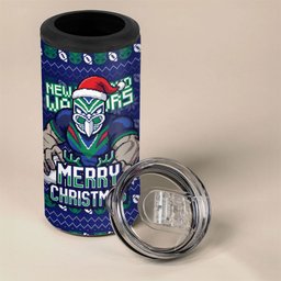 Personalized New Zealand Warriors Christmas 4 in 1 Can Cooler Tumbler Maori Rugby Fans - Pixelated Ugly Xmas Pattern Mascot Santa